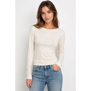 Envie Women’s Cream Open Back Long Sleeve Top Size L Stretch Minimalist Blouse